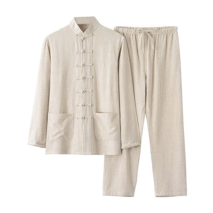 Conjunto de 2 piezas de traje Tang con Buddha Stones de rana, camisa de manga larga y pantalones de lino y algodón para hombre