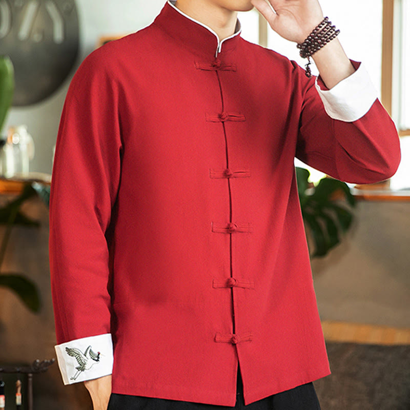 Camisa de algodón de manga larga para hombre con bordado de grulla y botones de rana y Buddha Stones - image 5