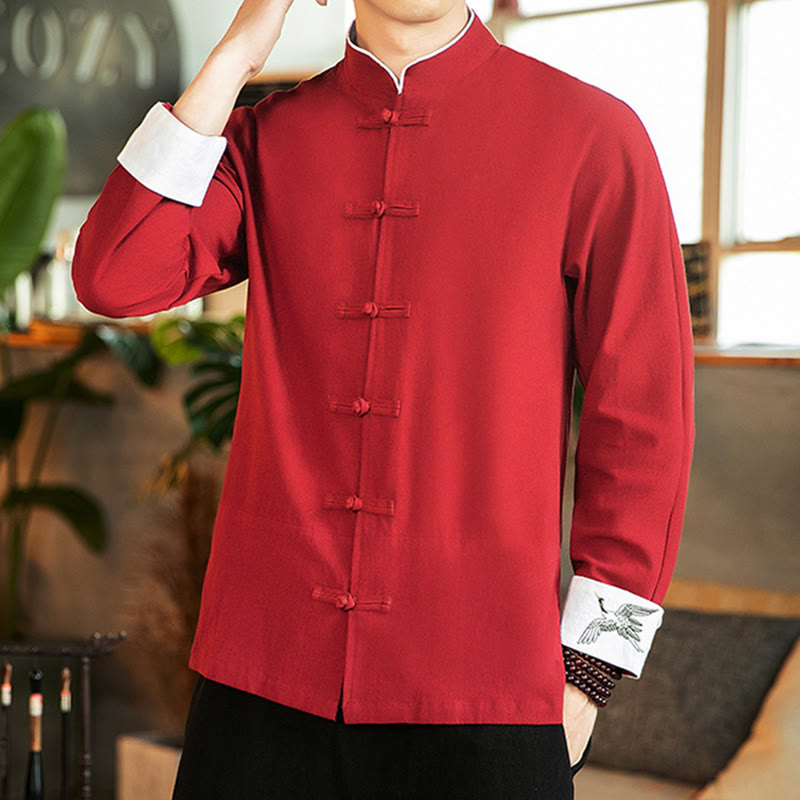 Camisa de algodón de manga larga para hombre con bordado de grulla y botones de rana y Buddha Stones - image 7