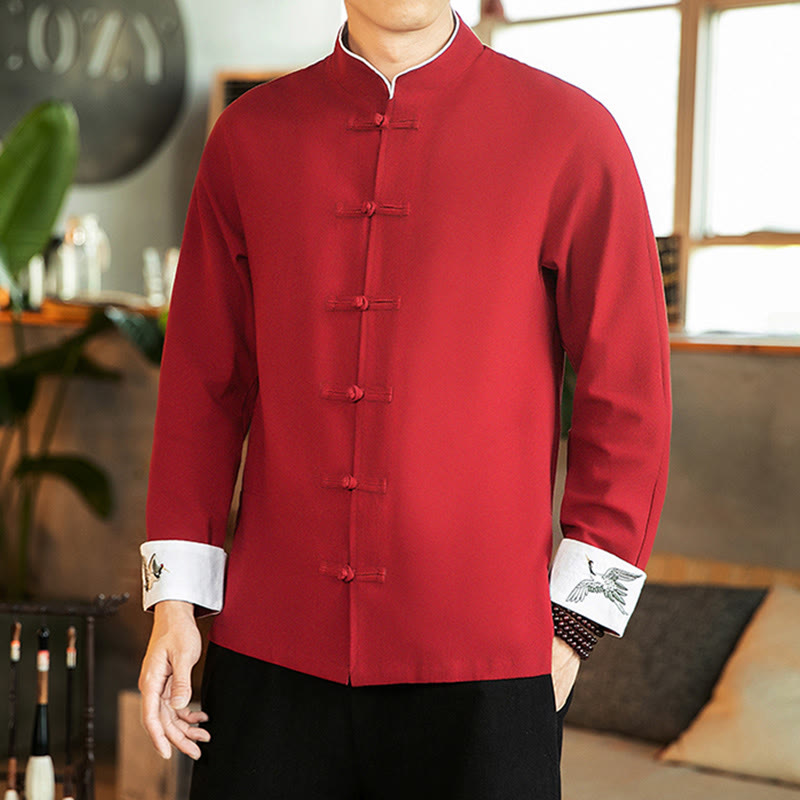 Camisa de algodón de manga larga para hombre con bordado de grulla y botones de rana y Buddha Stones - image 6