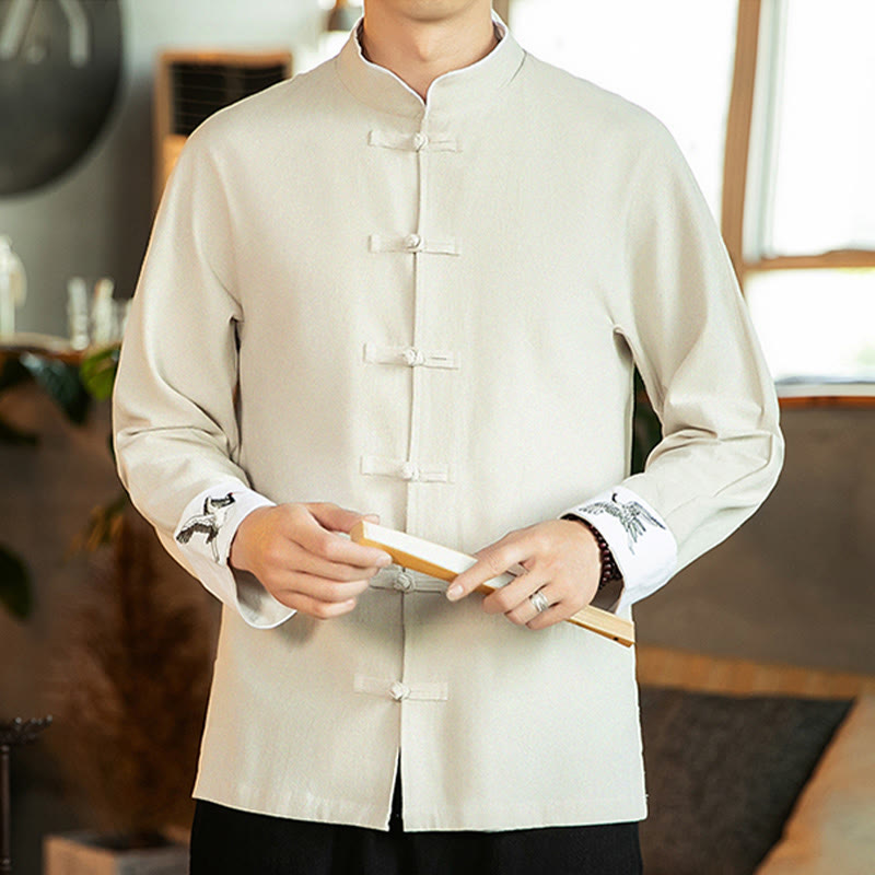 Camisa de algodón de manga larga para hombre con bordado de grulla y botones de rana y Buddha Stones - image 9