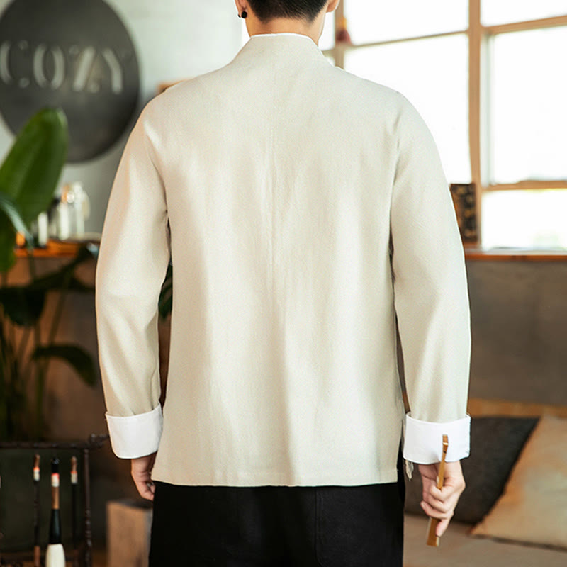 Camisa de algodón de manga larga para hombre con bordado de grulla y botones de rana y Buddha Stones - image 10
