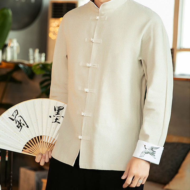 Camisa de algodón de manga larga para hombre con bordado de grulla y botones de rana y Buddha Stones - image 15