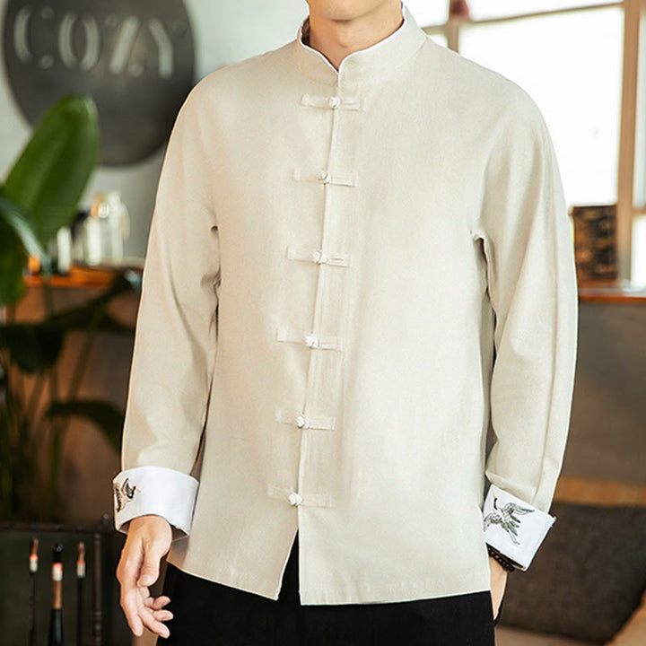 Camisa de algodón de manga larga para hombre con bordado de grulla y botones de rana y Buddha Stones - image 14