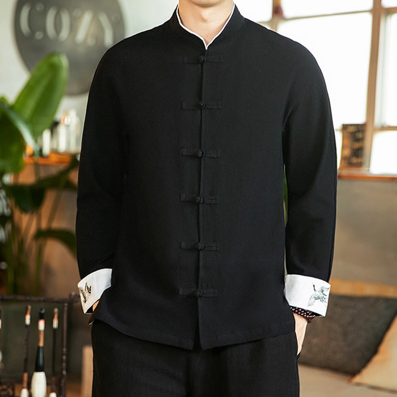Camisa de algodón de manga larga para hombre con bordado de grulla y botones de rana y Buddha Stones - image 21