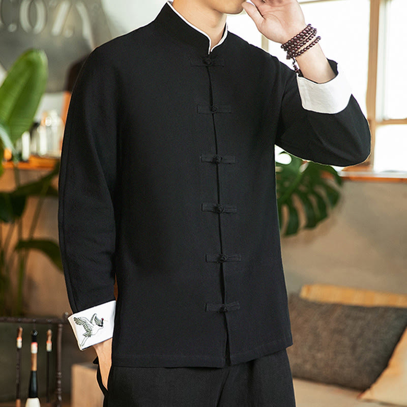 Camisa de algodón de manga larga para hombre con bordado de grulla y botones de rana y Buddha Stones - image 19