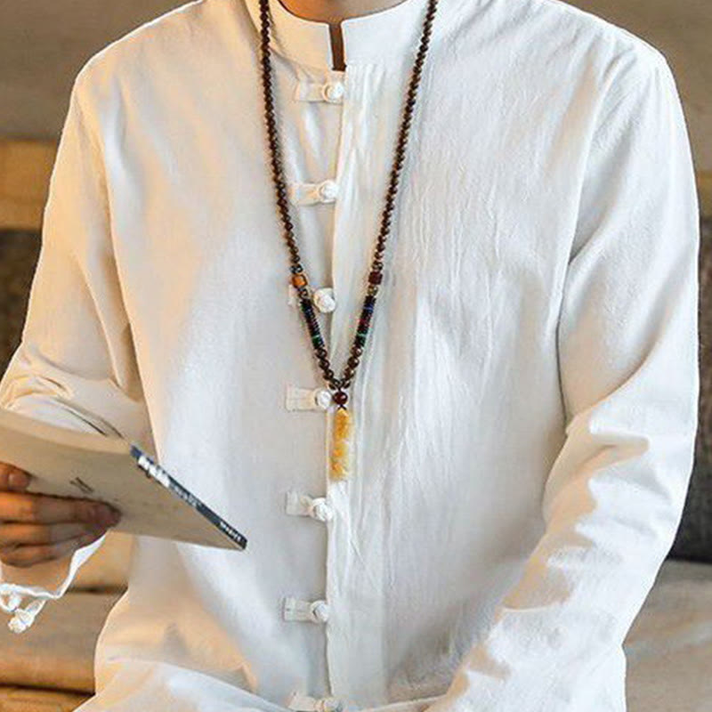 Camisa de lino para hombre, estilo casual, con cuello alto, botones de rana y manga larga, con estampado de Buddha Stones
