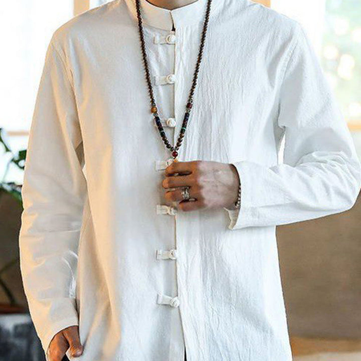 Camisa de manga larga estilo Tang Suit para hombre, con cuello alto y botones de rana, estilo casual, con estampado de Buddha Stones. - image 2