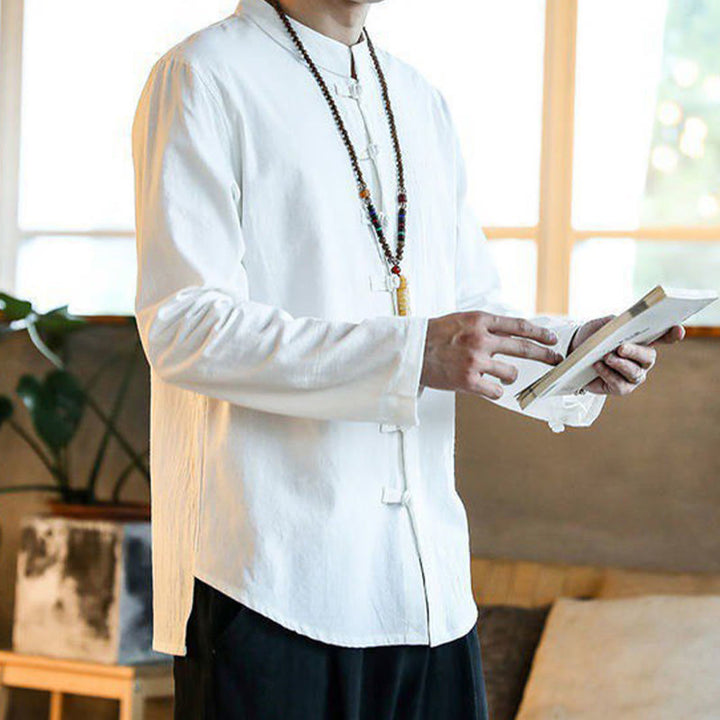Camisa de manga larga estilo Tang Suit para hombre, con cuello alto y botones de rana, estilo casual, con estampado de Buddha Stones. - image 5