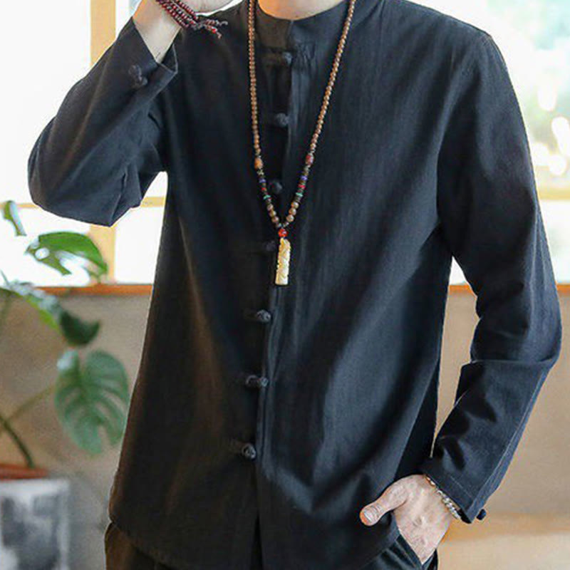 Camisa de lino para hombre, estilo casual, con cuello alto, botones de rana y manga larga, con estampado de Buddha Stones