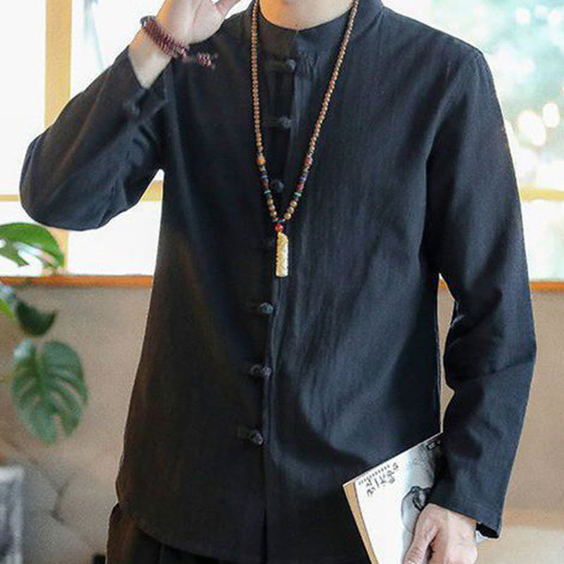 Camisa de lino para hombre, estilo casual, con cuello alto, botones de rana y manga larga, con estampado de Buddha Stones
