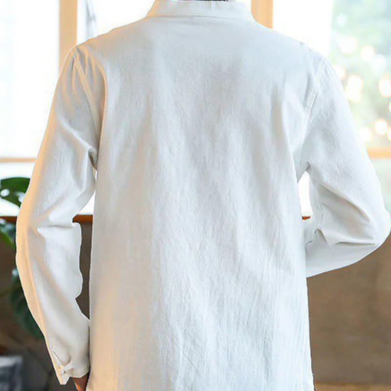 Camisa de lino para hombre, estilo casual, con cuello alto, botones de rana y manga larga, con estampado de Buddha Stones