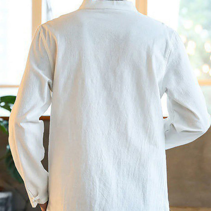 Camisa de manga larga estilo Tang Suit para hombre, con cuello alto y botones de rana, estilo casual, con estampado de Buddha Stones. - image 1
