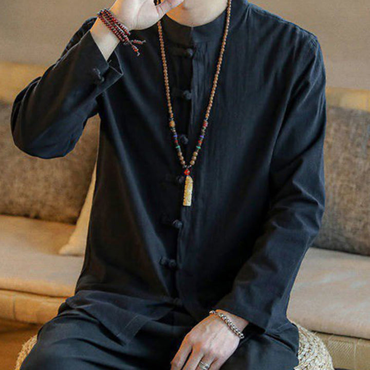 Camisa de manga larga estilo Tang Suit para hombre, con cuello alto y botones de rana, estilo casual, con estampado de Buddha Stones. - image 9