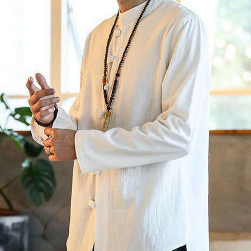 Camisa de lino para hombre, estilo casual, con cuello alto, botones de rana y manga larga, con estampado de Buddha Stones