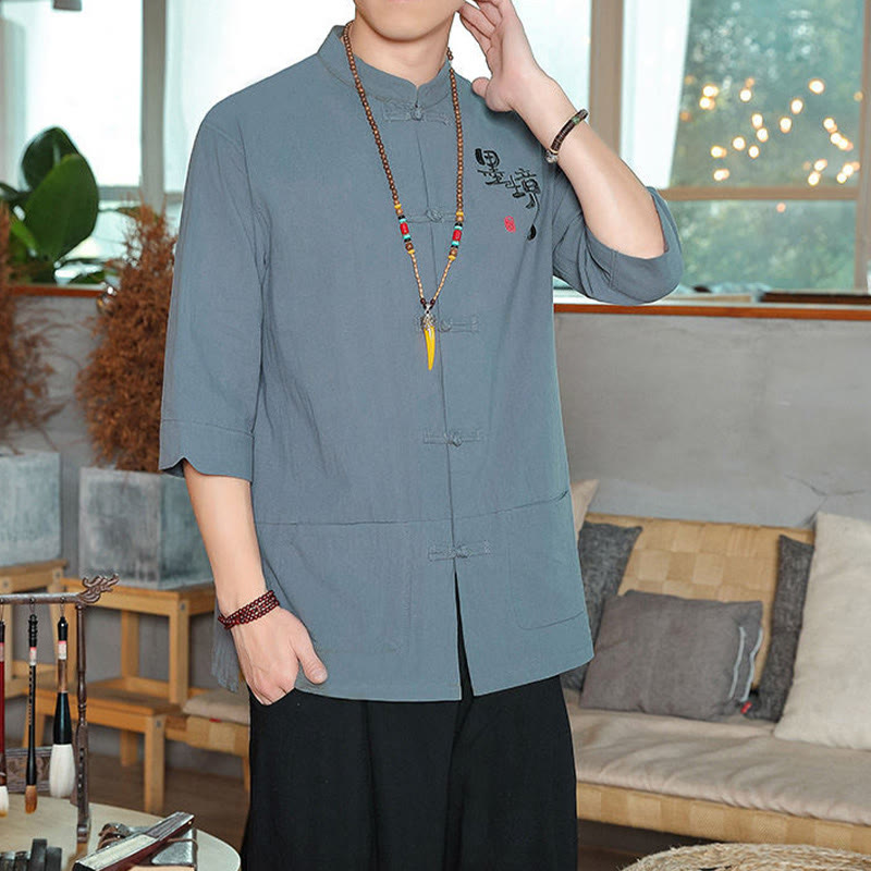 Camisa de lino y algodón para hombre con manga tres cuartos y botones de rana con Buddha Stones