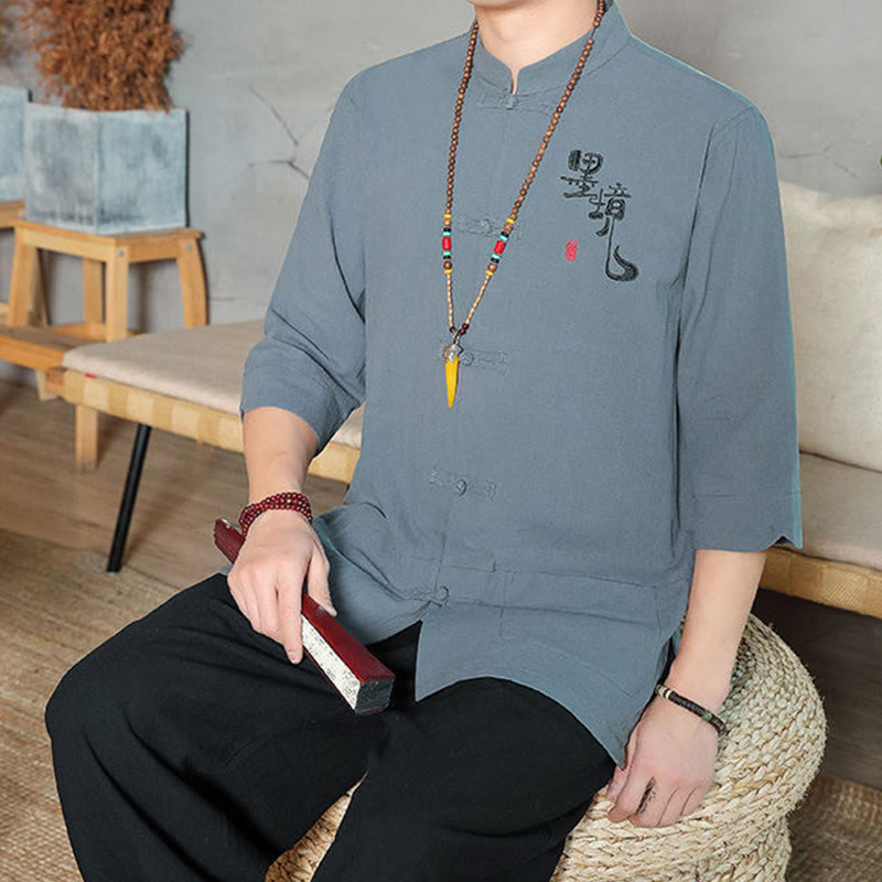 Camisa de lino y algodón para hombre con manga tres cuartos y botones de rana con Buddha Stones