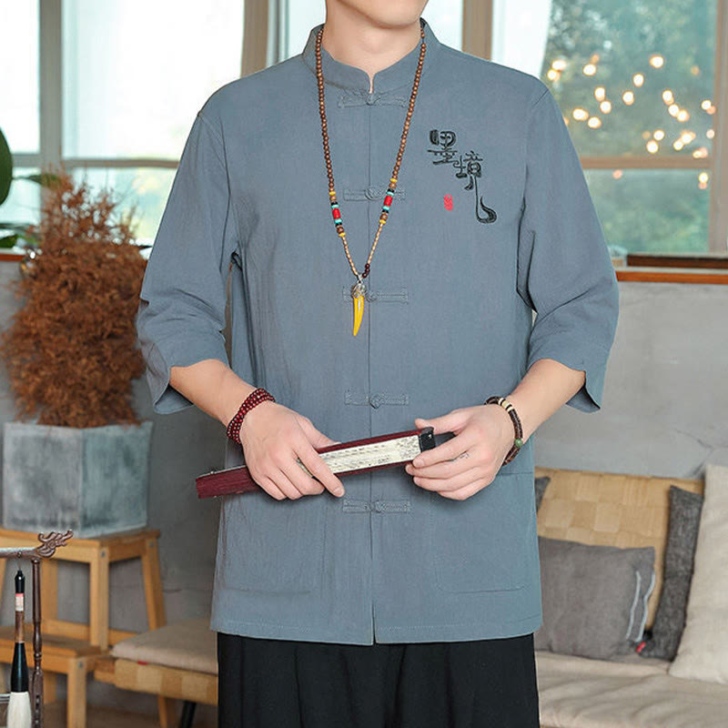 Camisa de lino y algodón para hombre con manga tres cuartos y botones de rana con Buddha Stones