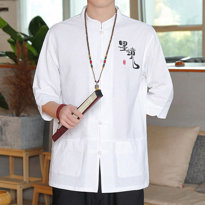 Camisa de lino y algodón para hombre con manga tres cuartos y botones de rana con Buddha Stones