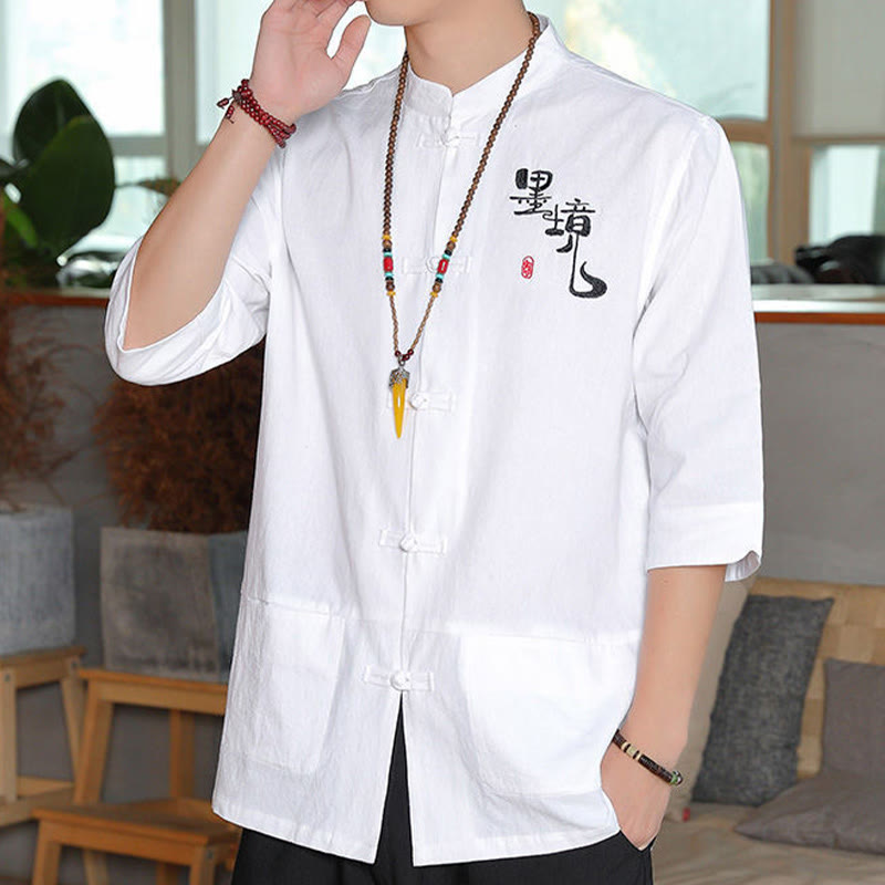Camisa de lino y algodón para hombre con manga tres cuartos y botones de rana con Buddha Stones