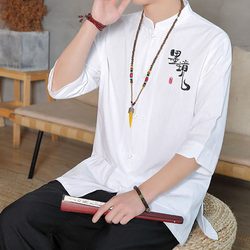 Camisa de lino y algodón para hombre con manga tres cuartos y botones de rana con Buddha Stones