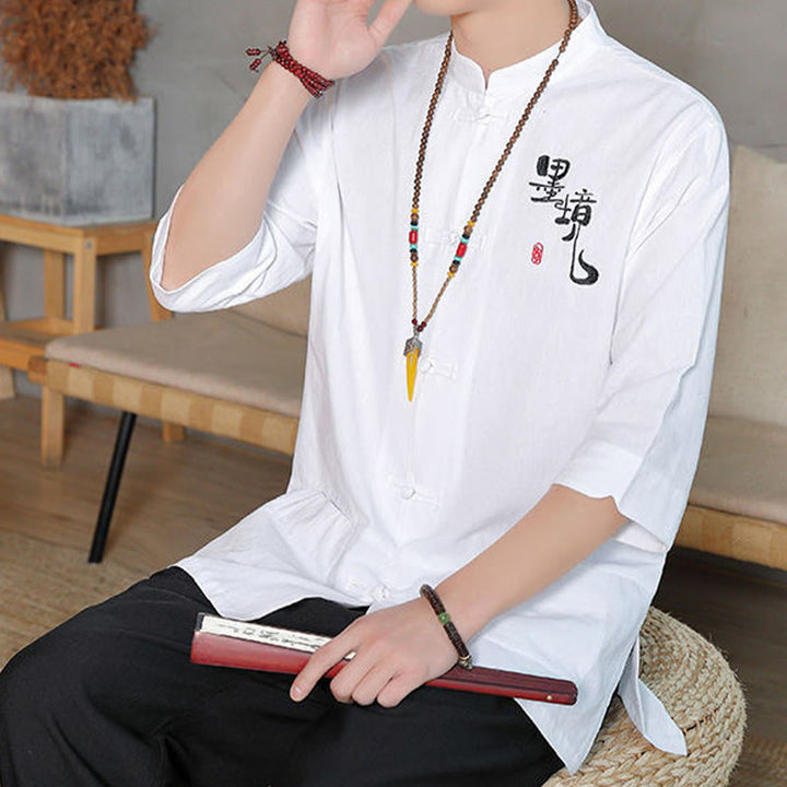 Camisa de lino y algodón para hombre con manga tres cuartos y botones de rana con Buddha Stones