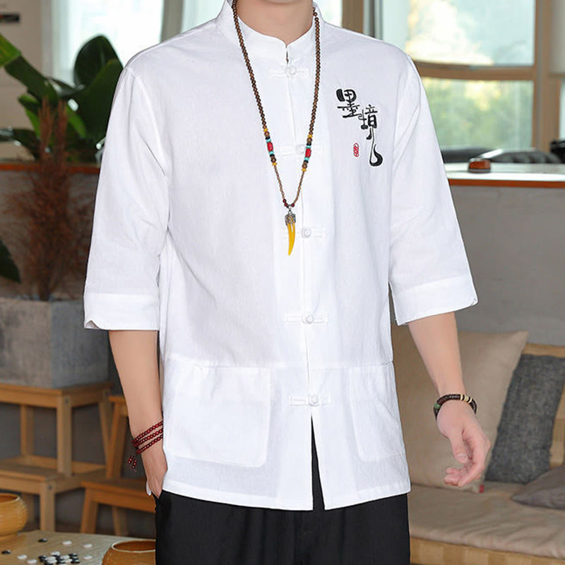Camisa de lino y algodón para hombre con manga tres cuartos y botones de rana con Buddha Stones