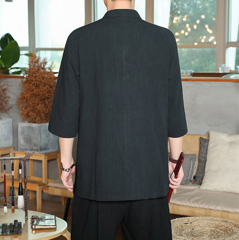 Camisa de lino y algodón para hombre con manga tres cuartos y botones de rana con Buddha Stones