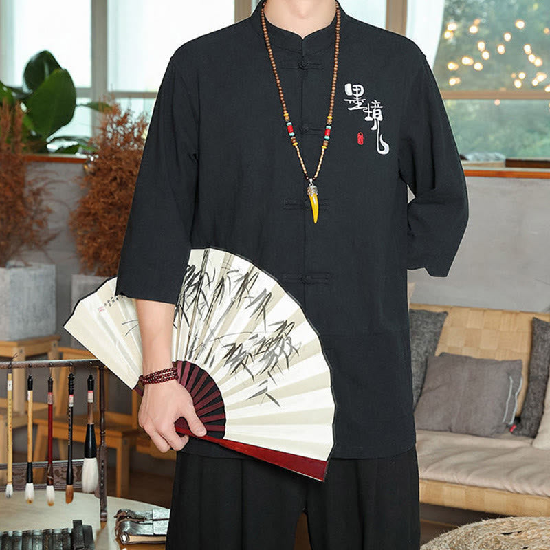 Camisa de lino y algodón para hombre con manga tres cuartos y botones de rana con Buddha Stones