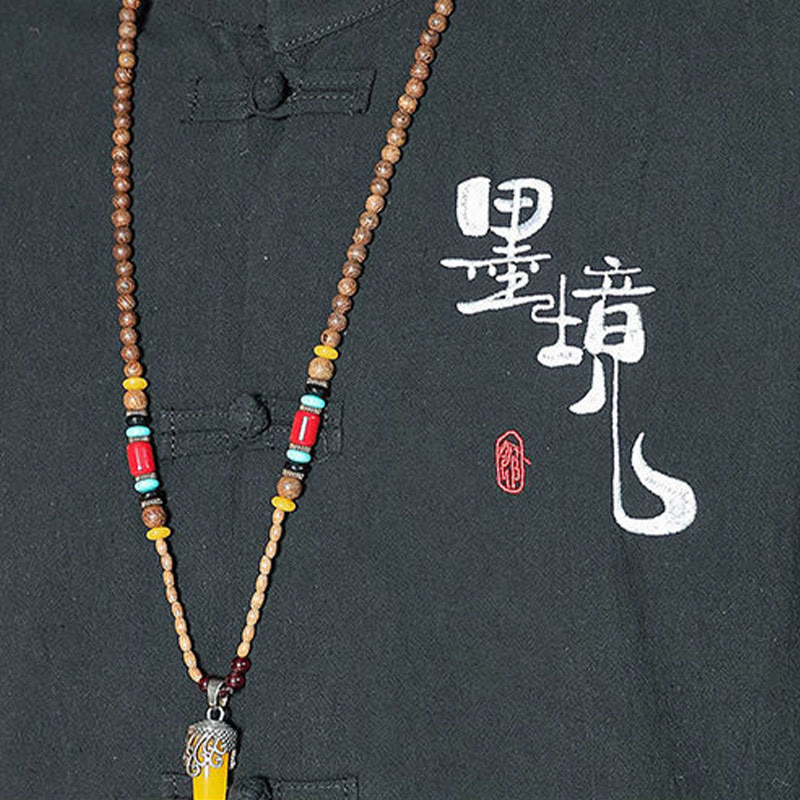 Camisa de lino y algodón para hombre con manga tres cuartos y botones de rana con Buddha Stones