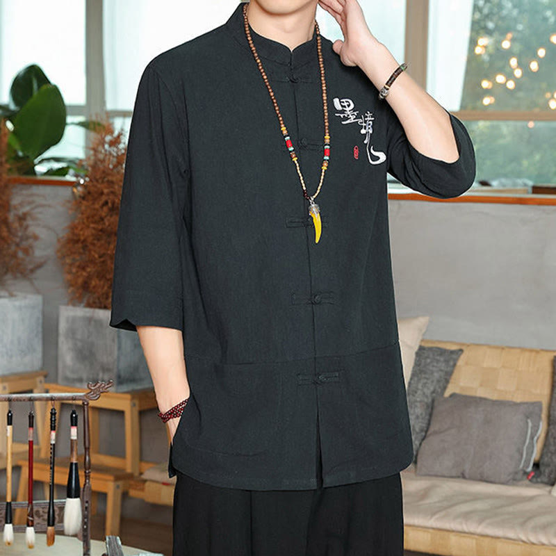 Camisa de lino y algodón para hombre con manga tres cuartos y botones de rana con Buddha Stones