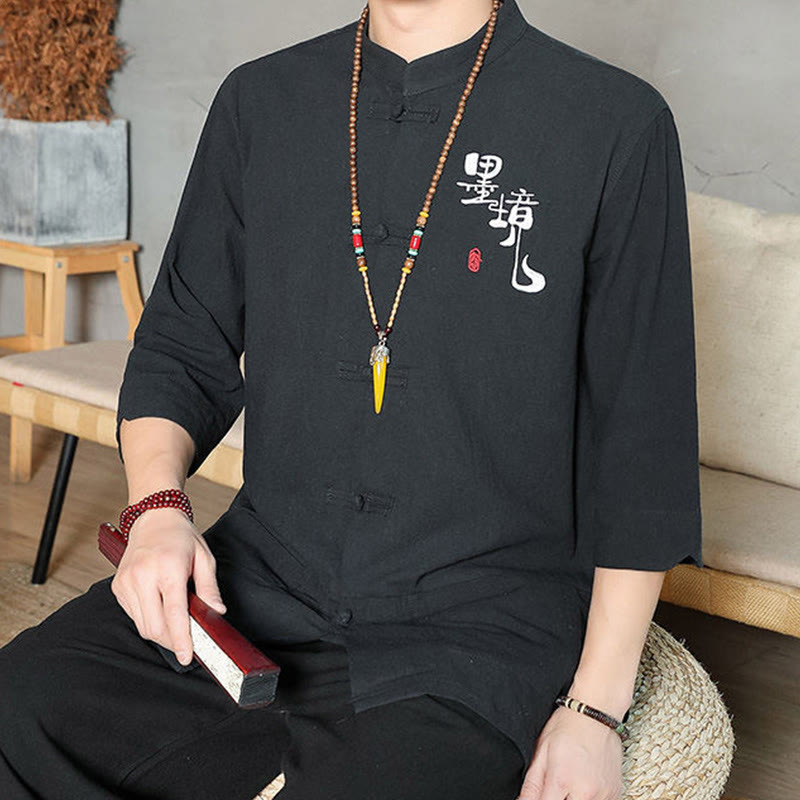 Camisa de lino y algodón para hombre con manga tres cuartos y botones de rana con Buddha Stones