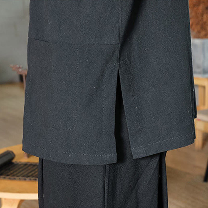 Camisa de lino y algodón para hombre con manga tres cuartos y botones de rana con Buddha Stones