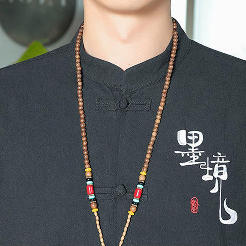 Camisa de lino y algodón para hombre con manga tres cuartos y botones de rana con Buddha Stones