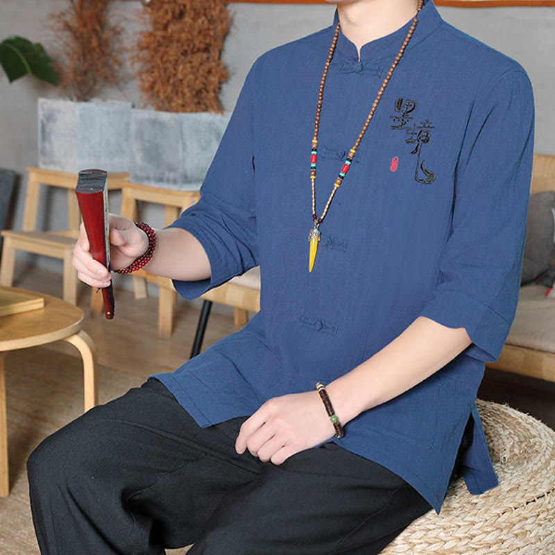 Camisa de lino y algodón para hombre con manga tres cuartos y botones de rana con Buddha Stones