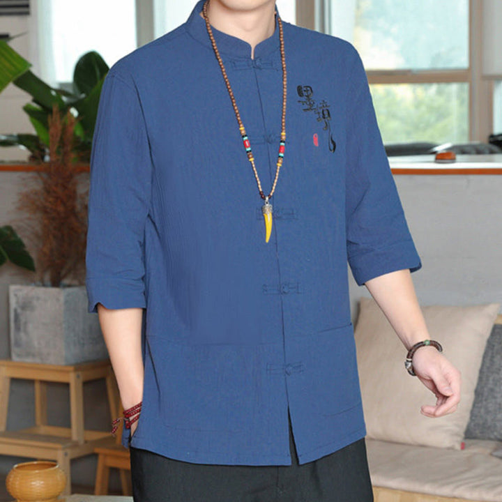 Camisa de lino y algodón para hombre con manga tres cuartos y botones de rana con Buddha Stones