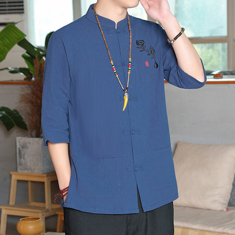 Camisa de lino y algodón para hombre con manga tres cuartos y botones de rana con Buddha Stones