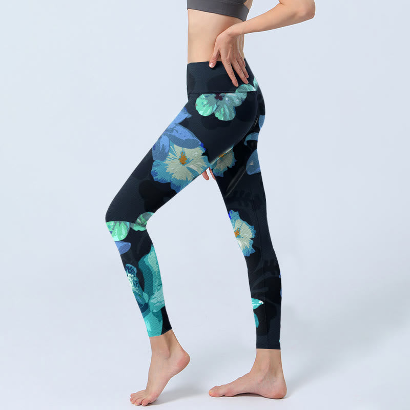Leggings de yoga para mujer con estampado floral verde y azul de Buddha Stones - image 3