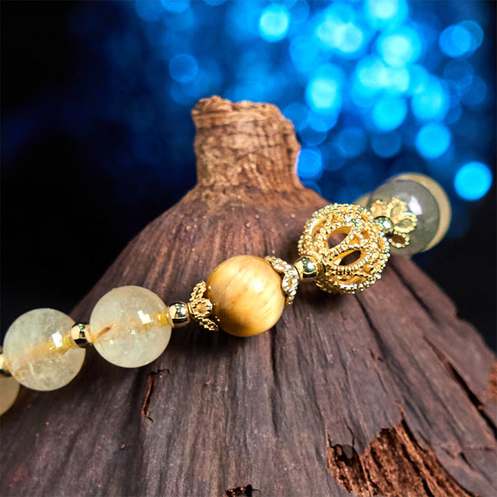 Pulsera de la buena fortuna con Buddha Stones de cuarzo rutilado natural con carácter Fu de metal que traga bestias