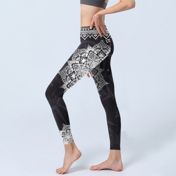 Leggings de yoga para mujer con estampado de flores de mandala negras y Buddha Stones - image 3