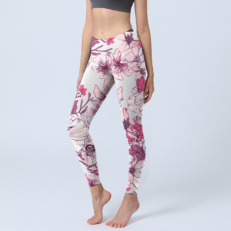 Leggings de yoga para mujer con estampado de flores rosas y rojas y Buddha Stones - Beige - US18，UK/AU22，EU50 (4XL) - image 0