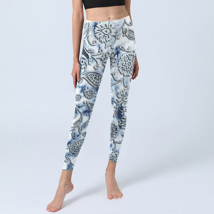 Leggings de yoga para mujer con estampado de flores redondas blancas y Buddha Stones - image 6
