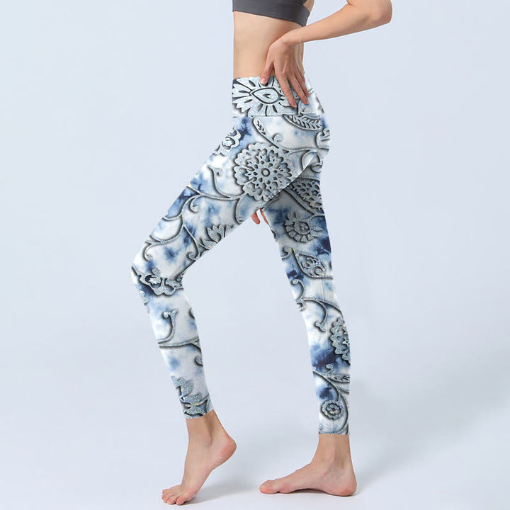 Leggings de yoga para mujer con estampado de flores redondas blancas y Buddha Stones - image 3