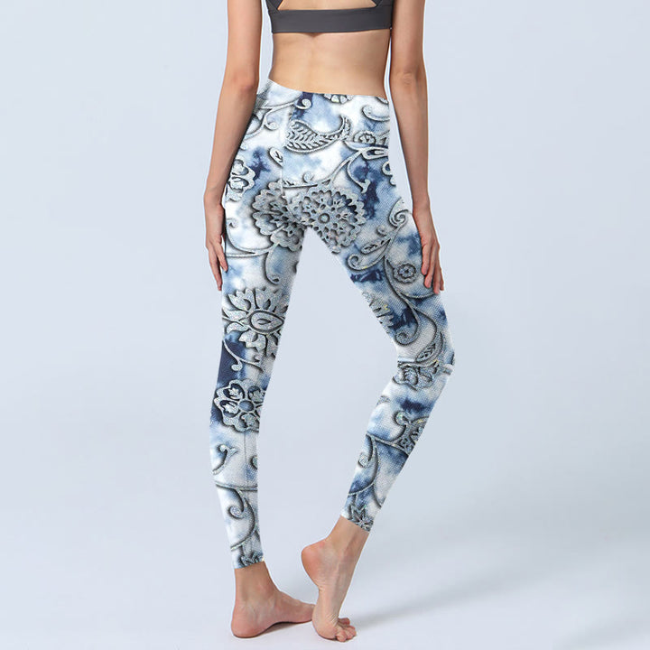 Leggings de yoga para mujer con estampado de flores redondas blancas y Buddha Stones - image 4