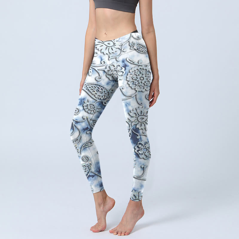 Leggings de yoga para mujer con estampado de flores redondas blancas y Buddha Stones - Nieve - US18，UK/AU22，EU50 (4XL) - image 1