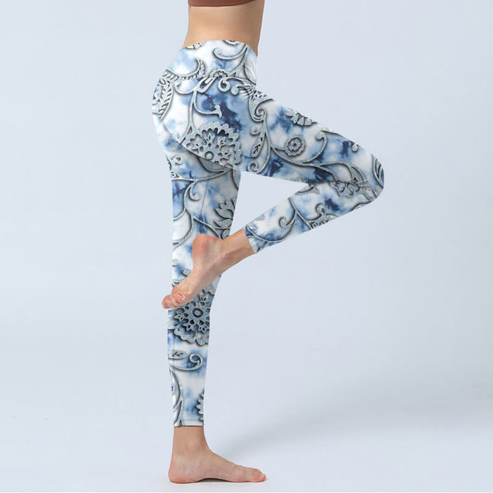 Leggings de yoga para mujer con estampado de flores redondas blancas y Buddha Stones - image 4