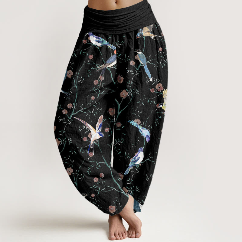 Pantalones harén de cintura elástica para mujer con estampado de pájaros, flores y hojas de Buddha Stones - Negro - US22，UK/AU26，EU54 (6XL) - image 1
