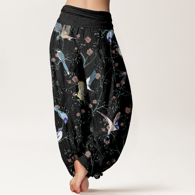 Pantalones harén de cintura elástica para mujer con estampado de pájaros, flores y hojas de Buddha Stones - image 3