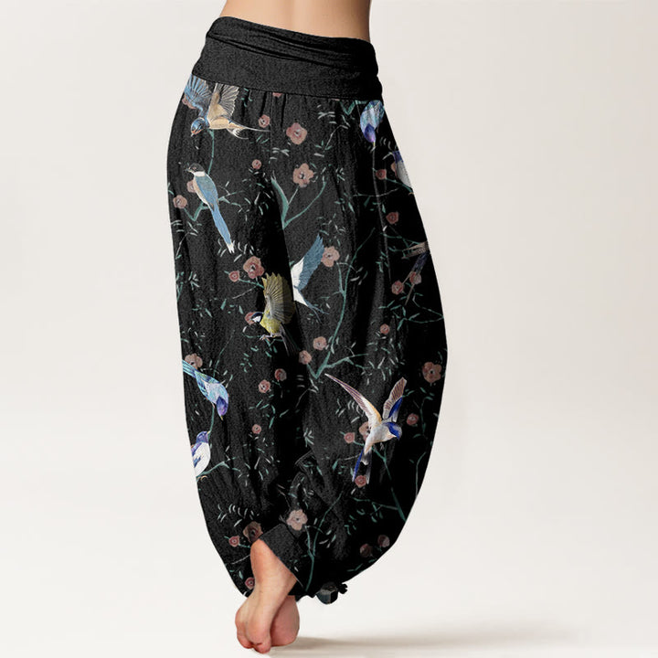 Pantalones harén de cintura elástica para mujer con estampado de pájaros, flores y hojas de Buddha Stones - image 3