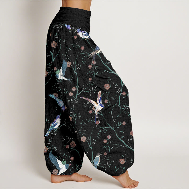 Pantalones harén de cintura elástica para mujer con estampado de pájaros, flores y hojas de Buddha Stones - image 2